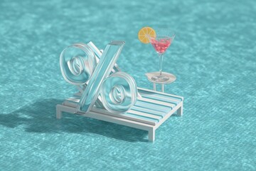 Fototapeta premium Blue percent sign near striped chair and tropical drink by swimming pool. Concept of vacation discount, summer travel, holiday deal.