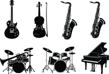 Silhouette vector set of musical instruments including guitar, violin, saxophones, drums, trombone, and piano for music-themed design projects