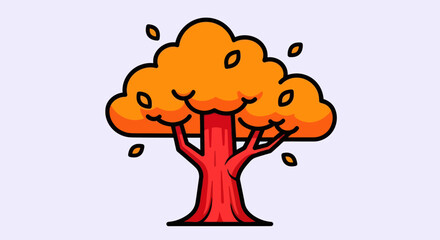 Vibrant Autumn Tree with Falling Leaves Cartoon Illustration.