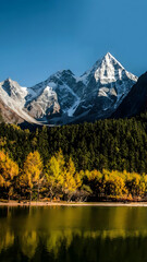 Snowcapped Mountain Peaks Reflecting in Alpine Lake, Sichuan China