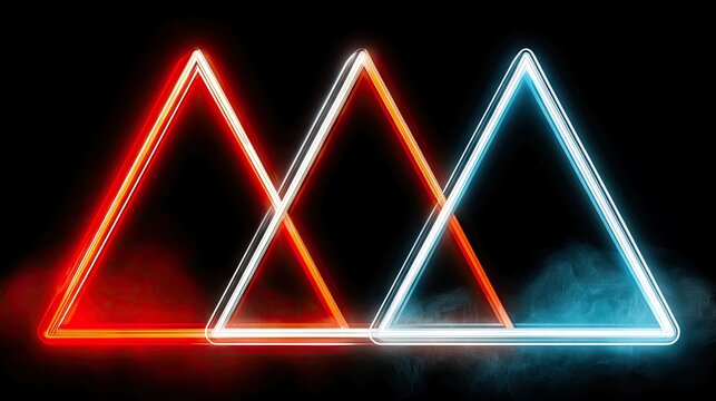 Three geometric shapes, specifically triangles, are illuminated by neon lights in red, white, and blue, overlapping each other against a dark background.