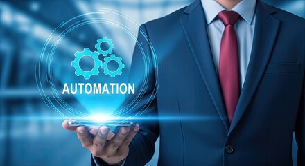 Automation gears hologram on phone held by professional worker