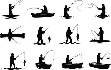 Silhouette vector set of people fishing in boat, river, and shore with rod, fish catch, outdoor activity and nature