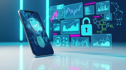 Secure digital identity verification with fingerprint scan on futuristic phone screen and data analytics 4k high quality footage - Powered by Adobe