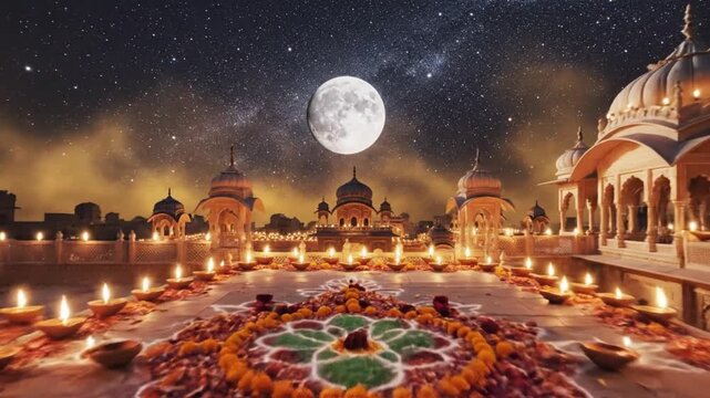 Majestic Indian Palace illuminated by Diyas and a Full Moon under Stars