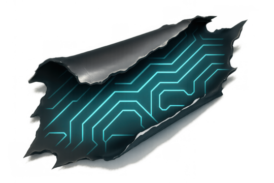 Torn metal revealing glowing circuit board, futuristic digital core with neon tech lines, transparent background