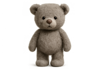 Little teddy bear standing with sad face, feeling loneliness and childhood abandonment, toy on transparent background