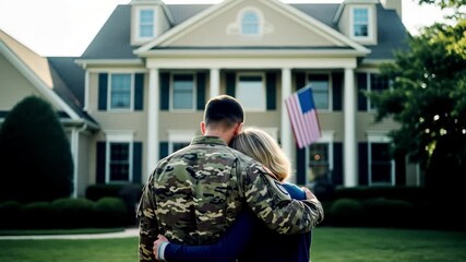 Soldier embraces loved one before stately home, symbolizing homecoming and family reunion. 4k high quality footage