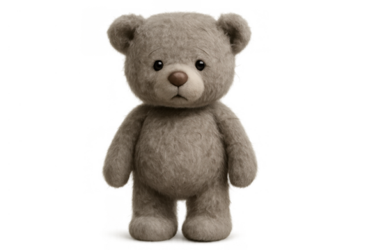 Little teddy bear standing with sad face, feeling loneliness and childhood abandonment, toy on transparent background