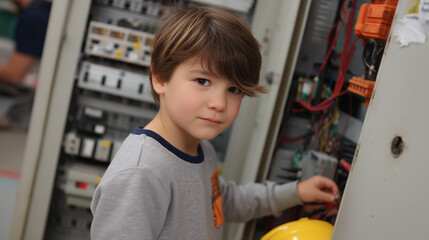 young child exploring electrical panel with focus on curiosity and learning 