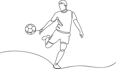 Continuous single line drawing of a young man performing a dynamic soccer freestyle bicycle kick with fluid acrobatic motion in minimalist outline vector illustration