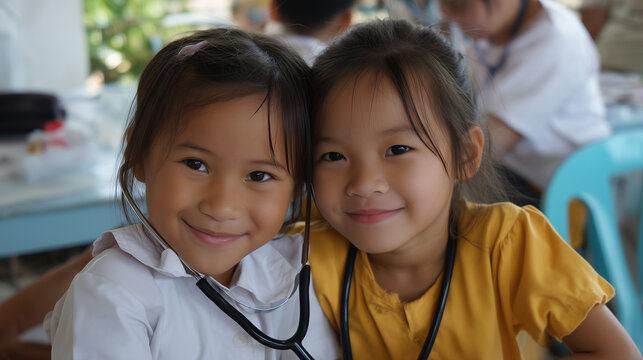 two cheerful young girls wearing toy stethoscopes engaging in imaginative play