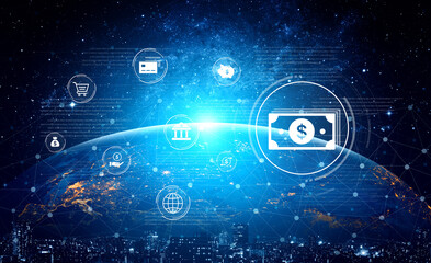 A fintech concept showing a network of digital banking services. This includes secure online payments, global transactions, and e-commerce for the modern financial system. Fermion