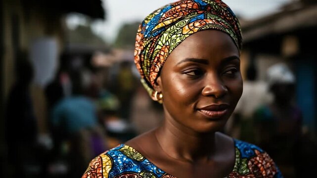 Elegant woman in colorful attire expresses confidence in vibrant urban setting