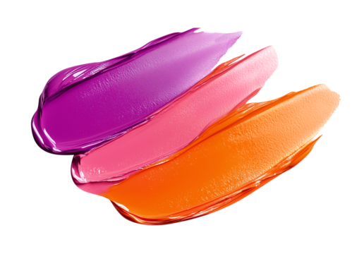 Three bright paint swatches, orange, pink and purple color. Isolated element with clear even edge on transparent background