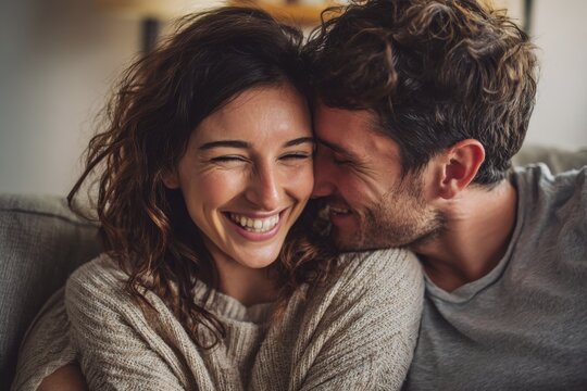 Loving couple shares warm and joyful moments together while relaxing on the couch at home during the evening