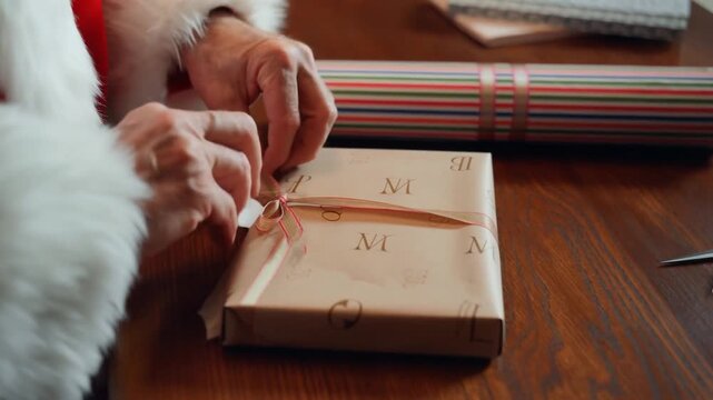 Santa Claus preparing a personalized luxury gift. Great for packaging brands, bespoke services, and high-end gifting.
