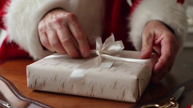Santa Claus preparing a personalized luxury gift. Great for packaging brands, bespoke services, and high-end gifting.