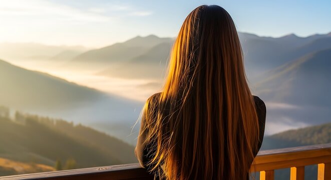 Woman with long dreadlocks looking at misty mountain landscape at sunrise