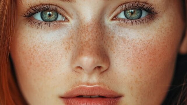 A cinematic close-up of a young woman's face with red hair and freckles. A beautiful model with green eyes looking at the camera. Natural beauty and skincare concept