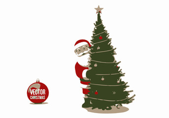 Vector Illustration of Santa Claus Peeking Behind Christmas Tree.