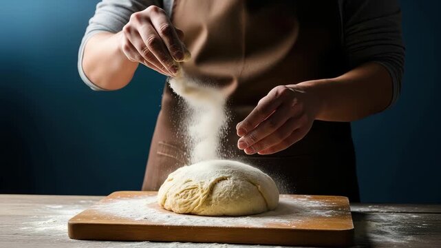 Baker expertly dusting raw dough with flour on wooden board, preparing for baking 4k high quality footage