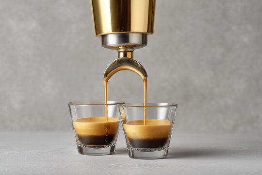 Enjoy rich, golden espresso pouring into glasses, perfect for coffee lovers and cafe promotions, showing a moment of pure coffee indulgence - Powered by Adobe