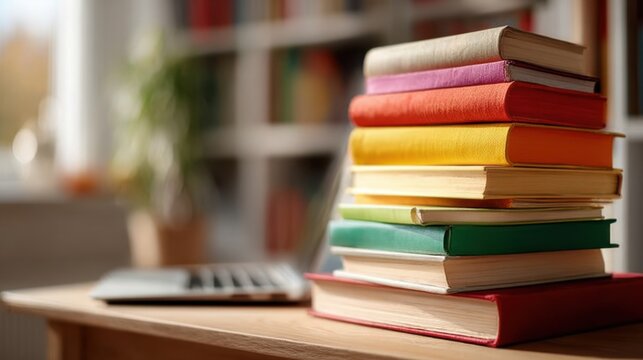 Work place table with stacks of real books on it and modern lap top, pen and textbook lying near on a white background.