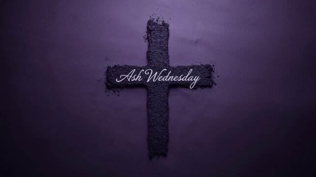 Ash wednesday cross with ashes and religious text on a dark purple background