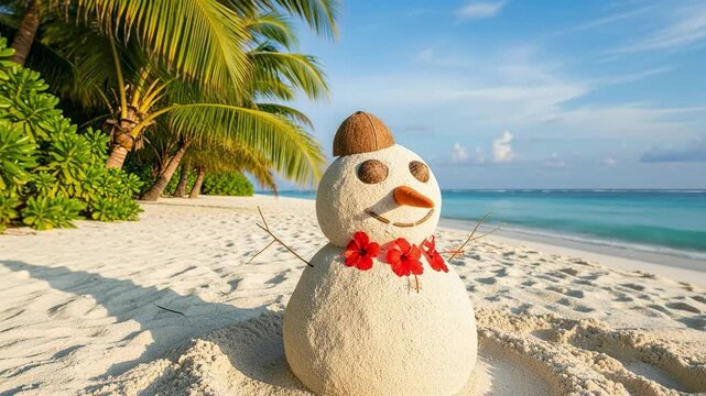 A Unique Sand Snowman on a Tropical Beach with Palm Trees and Clear Blue Ocean Sky - Capturing the Joy of Summer in a Whimsical Beach Scene