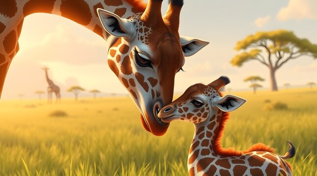 A cartoon giraffe mother lovingly nuzzles her baby in a grassy african savanna landscape scene - Powered by Adobe