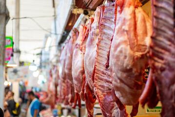 Close Up Detailed Fresh Raw Meat Displayed at a Local Market
