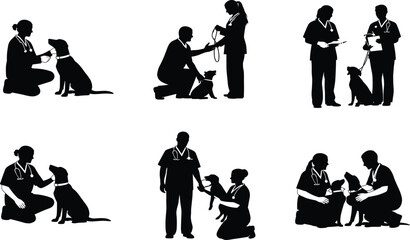Silhouette veterinarians examining dogs, animal health checkup vector illustration for veterinary clinic, pet treatment, professional dog care and medical consultation design