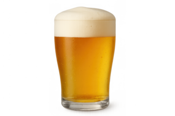 Glass of golden beer with white foam head and condensation, refreshing cool drink, transparent background