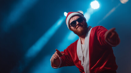 cool santa claus dancing on stage in sunglasses 