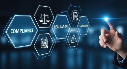 Compliance, regulations, and standards on a digital screen concept