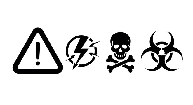 Collection of hazard warning symbols including danger electricity skull and biohazard