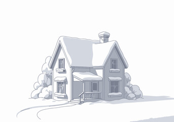 Wintery Cottage Illustration SnowCovered House with Porch and Chimney.