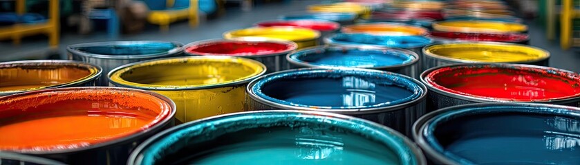Vibrant paint cans arranged in factory concept. Vibrant paint cans lined up in a colorful industrial setting.