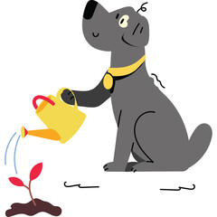 Gray Dog Watering a Small Red Leafed Plant with a Yellow Watering Can on a Transparent Background