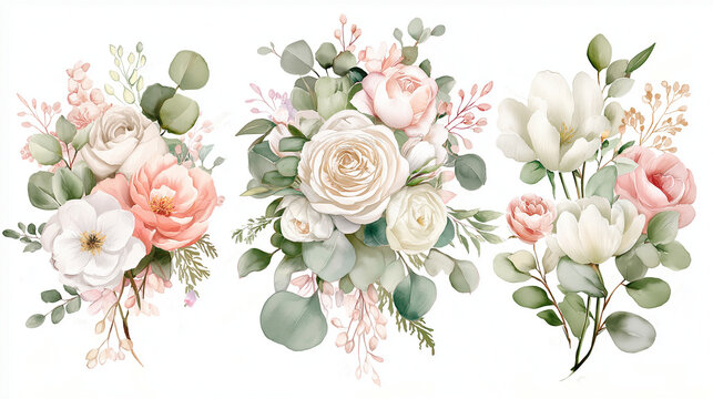 Hand drawn watercolor wedding floral arrangements, pastel flowers and greenery, roses, peonies, eucalyptus, delicate romantic pastel palette, isolated on white background