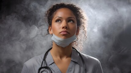 A dedicated healthcare professional gazes upward through atmospheric mist mask lowered embodying resilience and hope during challenging times