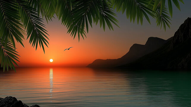 Tropical sunset scene with golden orange and yellow sky reflecting on calm ocean waters, silhouetted mountains, and palm tree framing the view as a lone bird glides peacefully across the warm horizon
