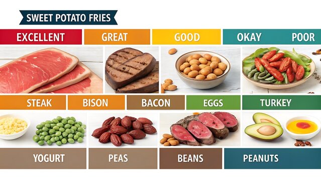 Ranking of food items based on their suitability as sweet potato fries alternatives, from excellent steak to poor peanuts, in a colorful and informative chart