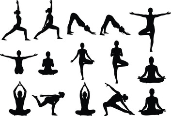 Silhouette yoga poses collection of women performing meditation and stretching exercises for fitness, balance, relaxation, health, and spiritual wellness vector illustration