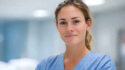 Fototapeta premium A professional female healthcare worker in blue scrubs offers a warm confident smile in a bright medical environment