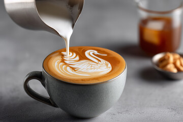 Pouring creamy milk into delicious latte art coffee creating a swan design that is absolutely stunning and luxurious for coffee shop promotion