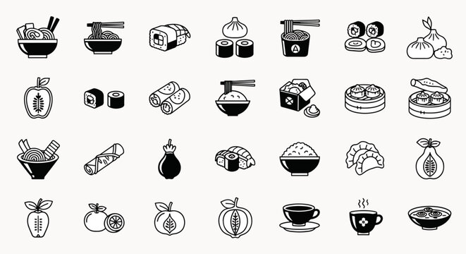 Assortment of Asian food icons including noodles soup sushi dumplings rice fruits and beverages perfect for culinary themes