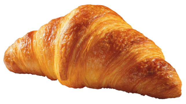 A single perfectly baked golden croissant displays its flaky layers on a stark black backdrop