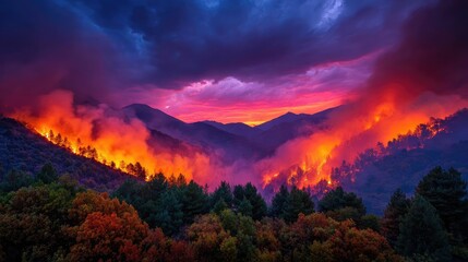 Fototapeta premium Hillside forest burning fiercely amid dense smoke concept. A stunning view of wildfire blazing through colorful forest mountains.